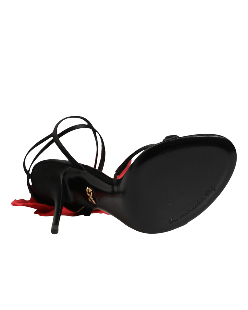 Dolce & Gabbana Black Leather Strappy Flower Heels Sandals Shoes Glam Steals