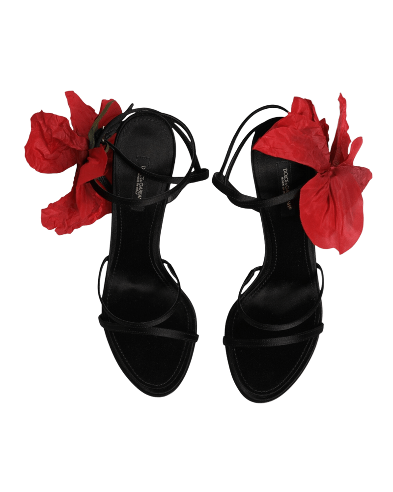 Dolce & Gabbana Black Leather Strappy Flower Heels Sandals Shoes Glam Steals