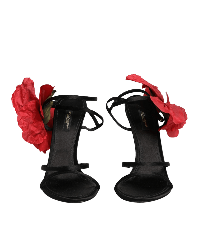 Dolce & Gabbana Black Leather Strappy Flower Heels Sandals Shoes Glam Steals