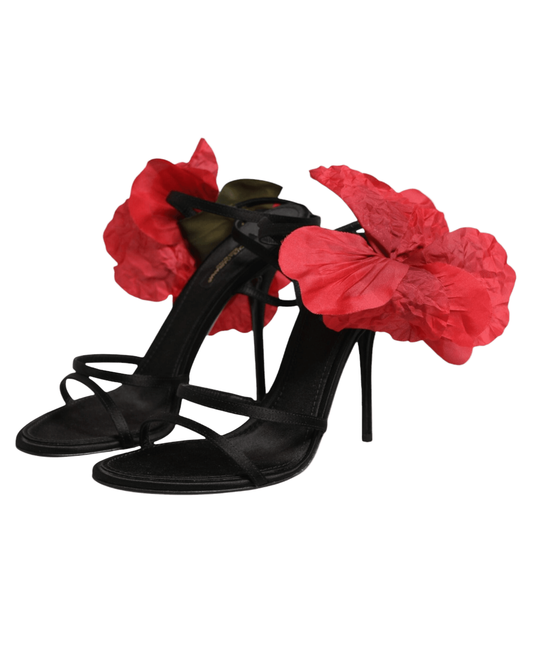 Dolce & Gabbana Black Leather Strappy Flower Heels Sandals Shoes Heels