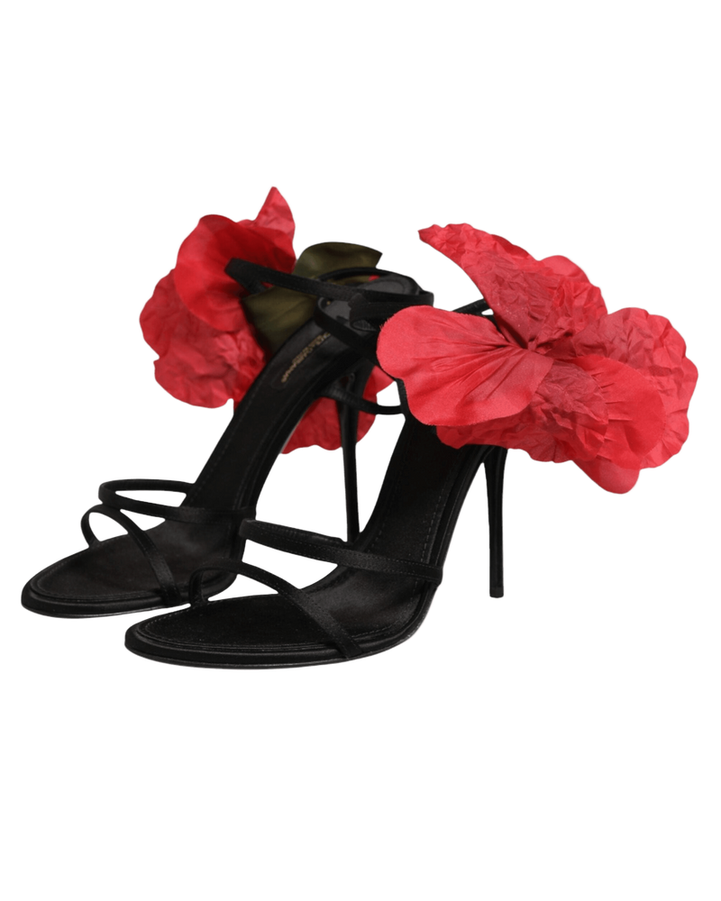Dolce & Gabbana Black Leather Strappy Flower Heels Sandals Shoes Glam Steals