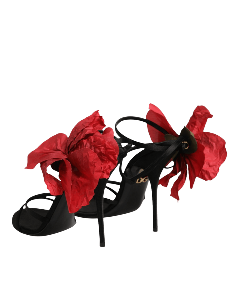 Dolce & Gabbana Black Leather Strappy Flower Heels Sandals Shoes Glam Steals