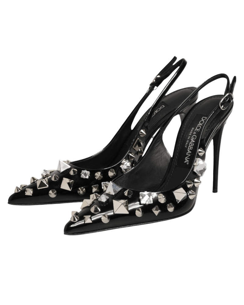 Dolce & Gabbana Black Leather Studded Heels Slingbacks Shoes Glam Steals