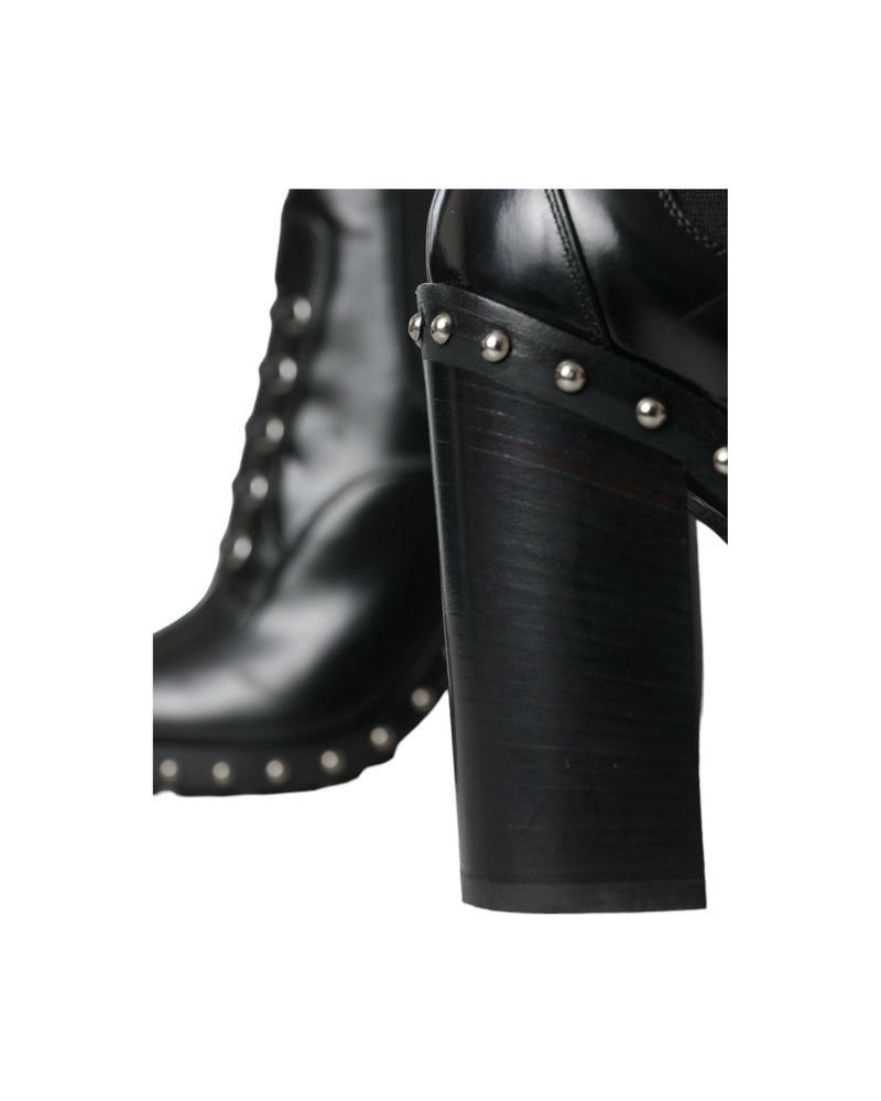 Dolce & Gabbana Black Leather Studded Lace Up Boots Shoes Boots