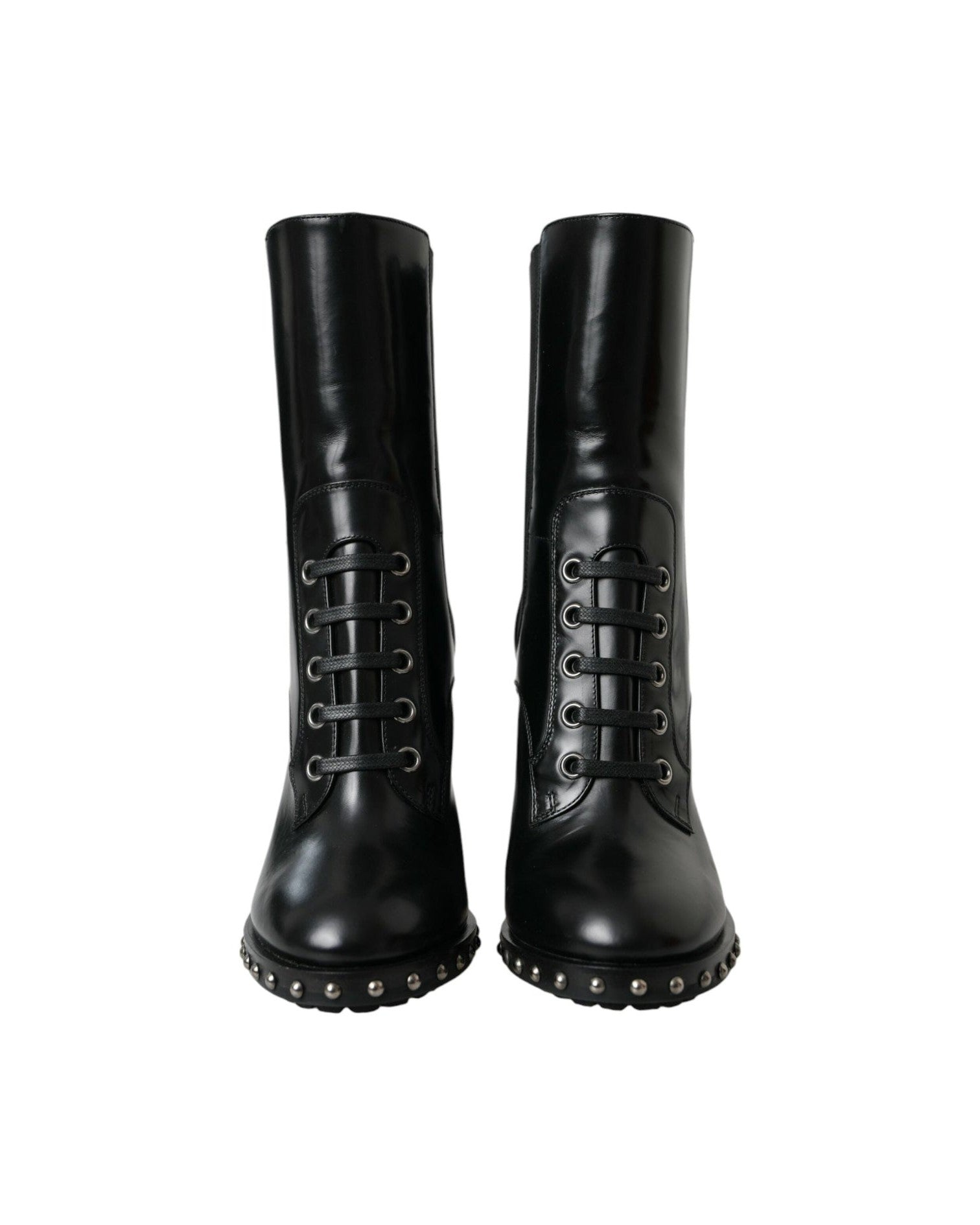 Dolce & Gabbana Black Leather Studded Lace Up Boots Shoes Boots