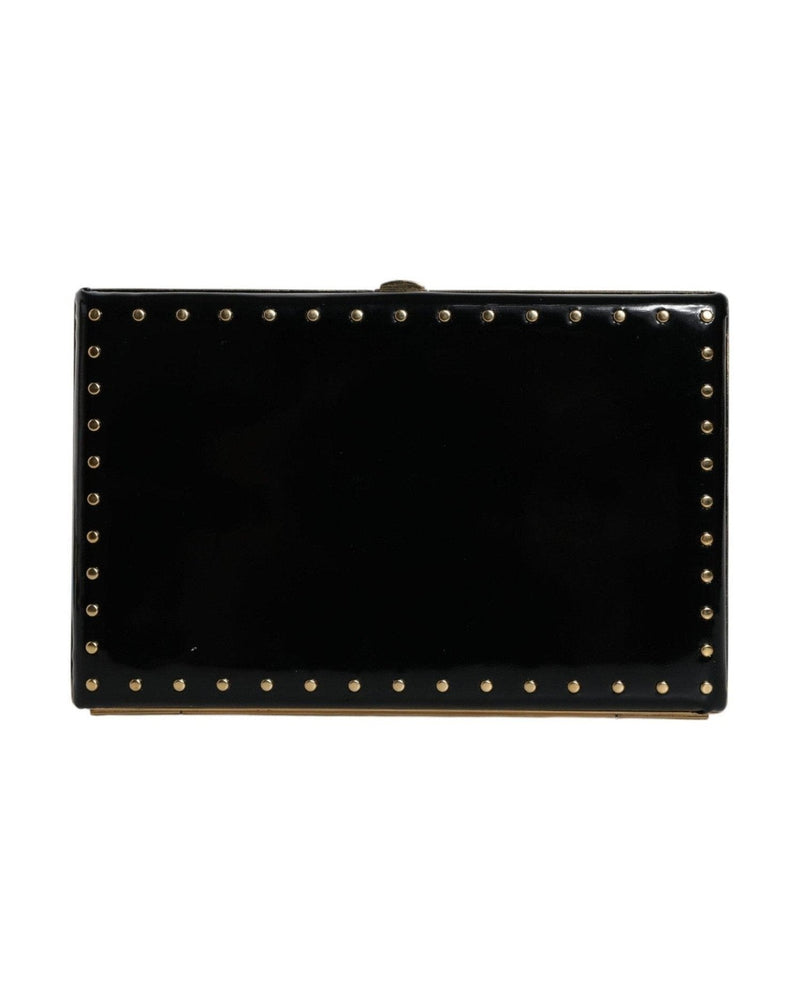Dolce & Gabbana Leather Studs Frame Clutch Evening Purse Black Gold Bag Glam Steals