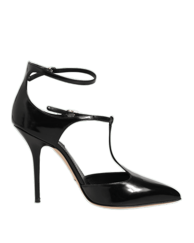 Dolce & Gabbana Black Leather T Straps Heels Sandals Shoes Glam Steals