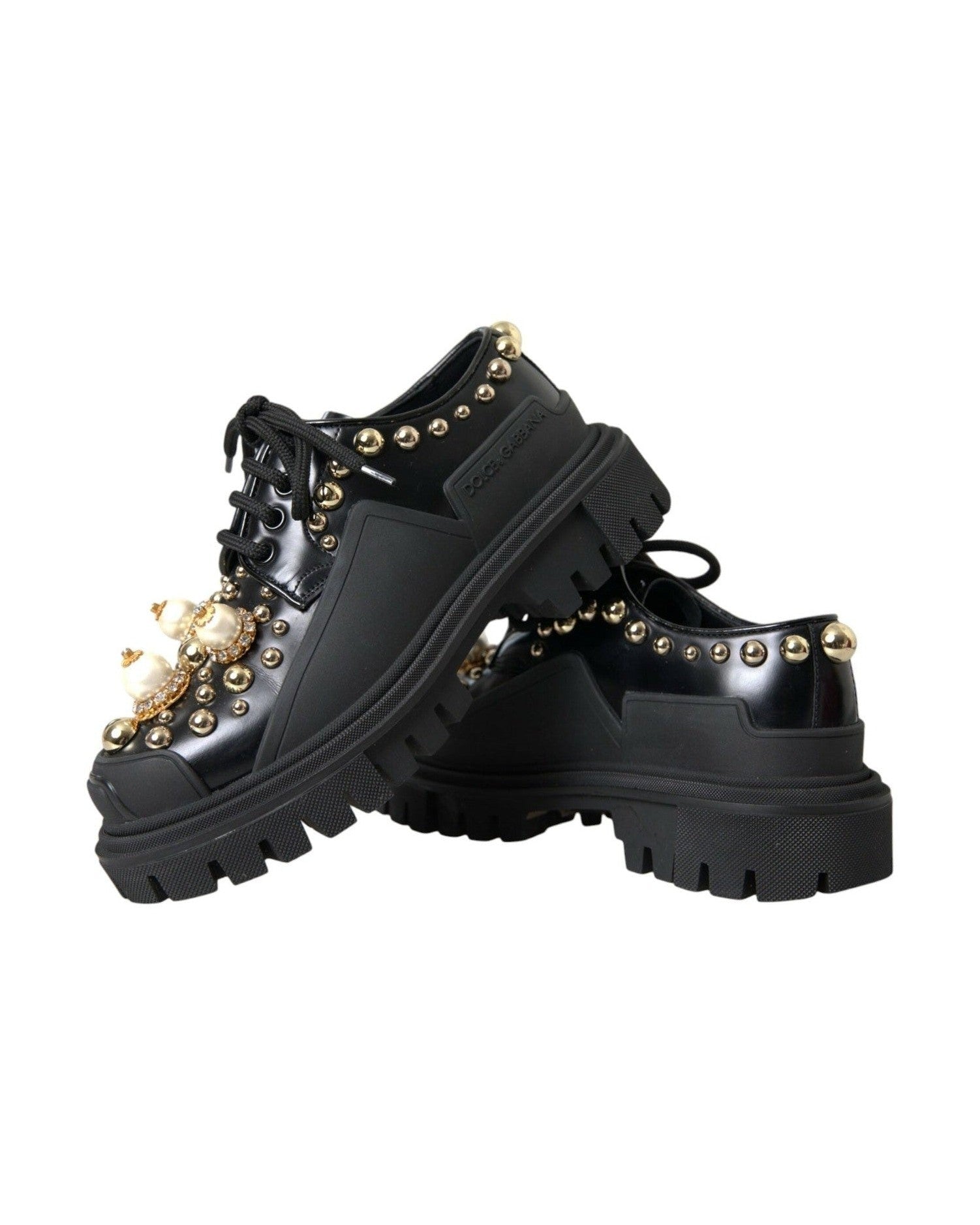 Dolce & Gabbana Black Leather Trekking Derby Embellished Shoes Boots