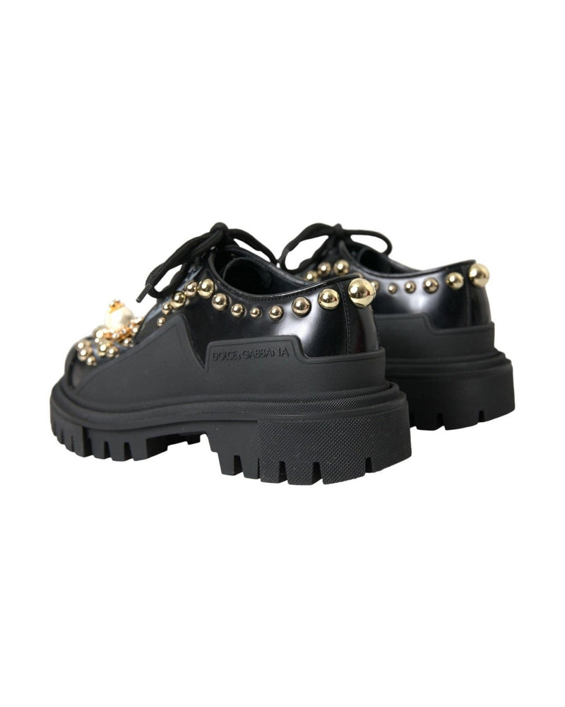 Dolce & Gabbana Black Leather Trekking Derby Embellished Shoes Boots