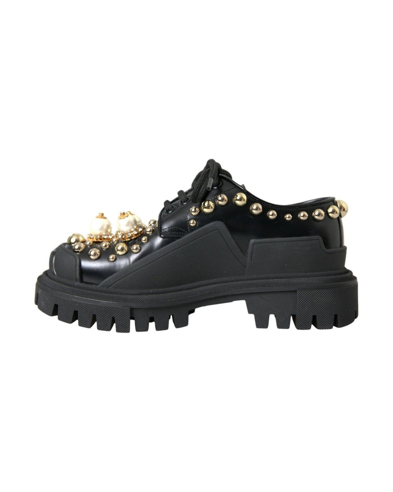 Dolce & Gabbana Black Leather Trekking Derby Embellished Shoes Boots