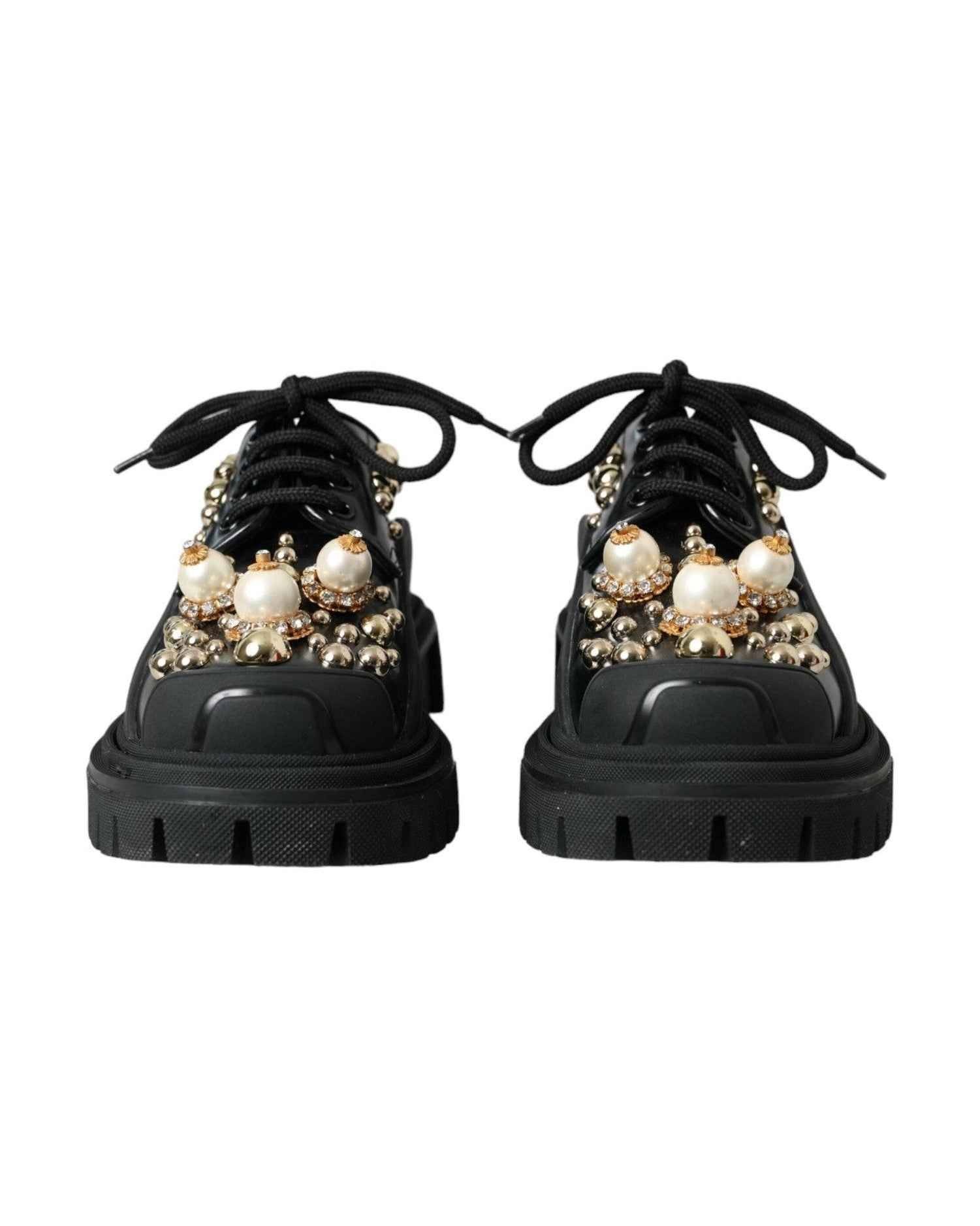Dolce & Gabbana Black Leather Trekking Derby Embellished Shoes Boots