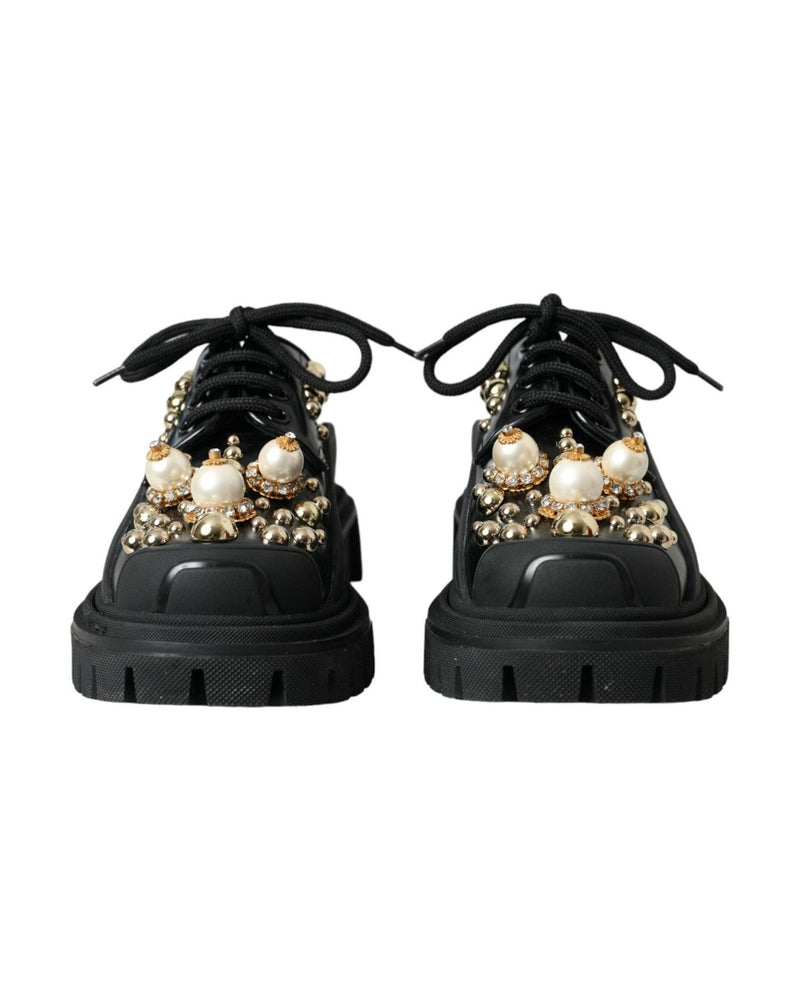 Dolce & Gabbana Black Leather Trekking Derby Embellished Shoes Boots