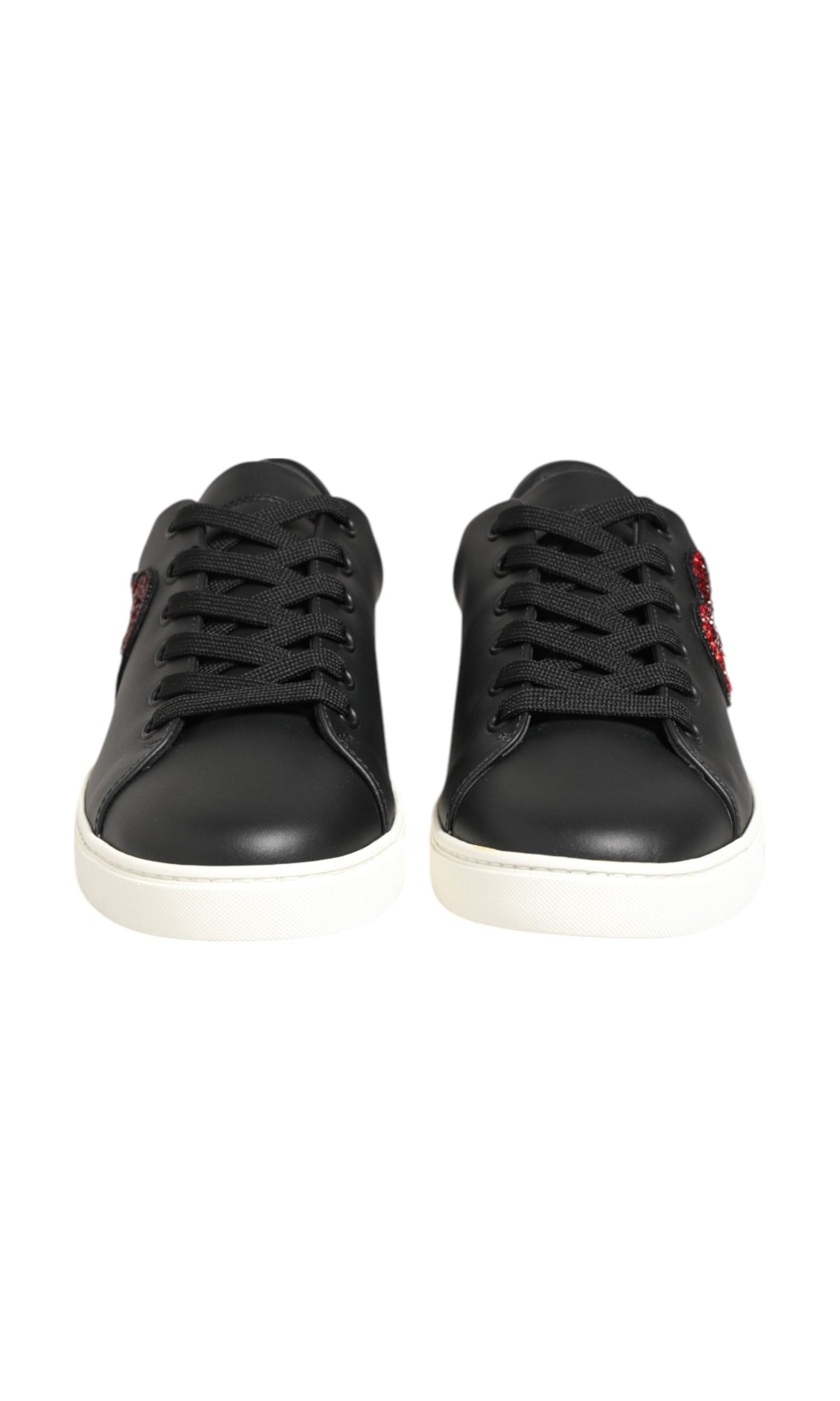 Dolce & Gabbana Black Leather White Crystal Heart Sneakers Shoes Glam Steals