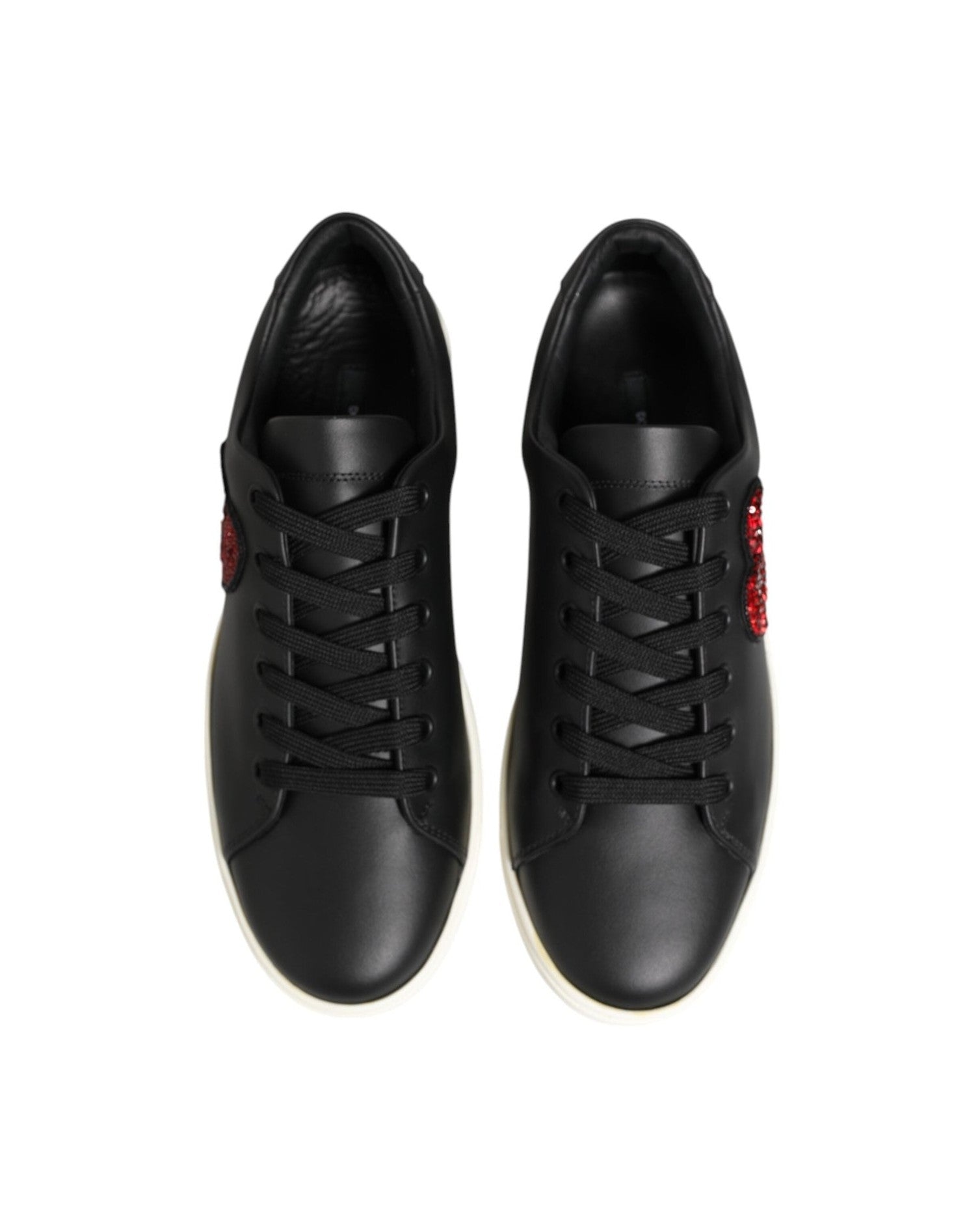 Dolce & Gabbana Black Leather White Crystal Heart Sneakers Shoes Glam Steals