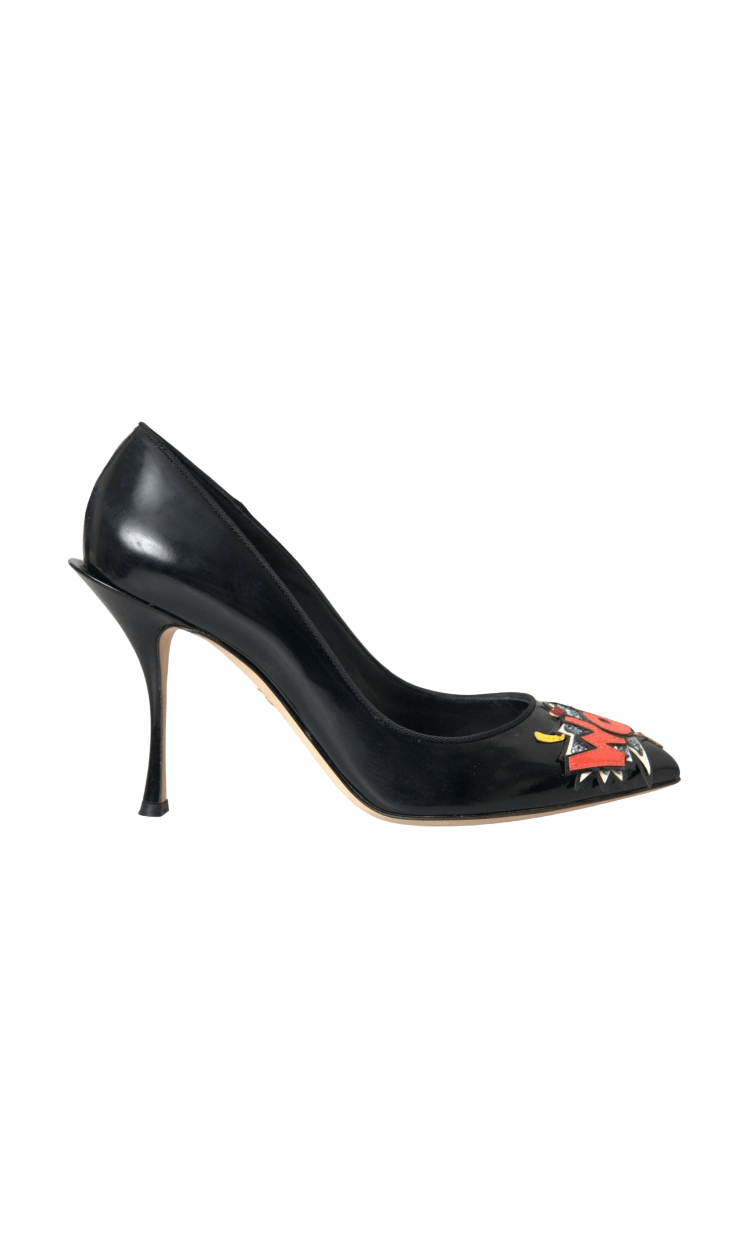 Dolce & Gabbana Black Leather Wow Patch Heels Pumps Shoes Glam Steals