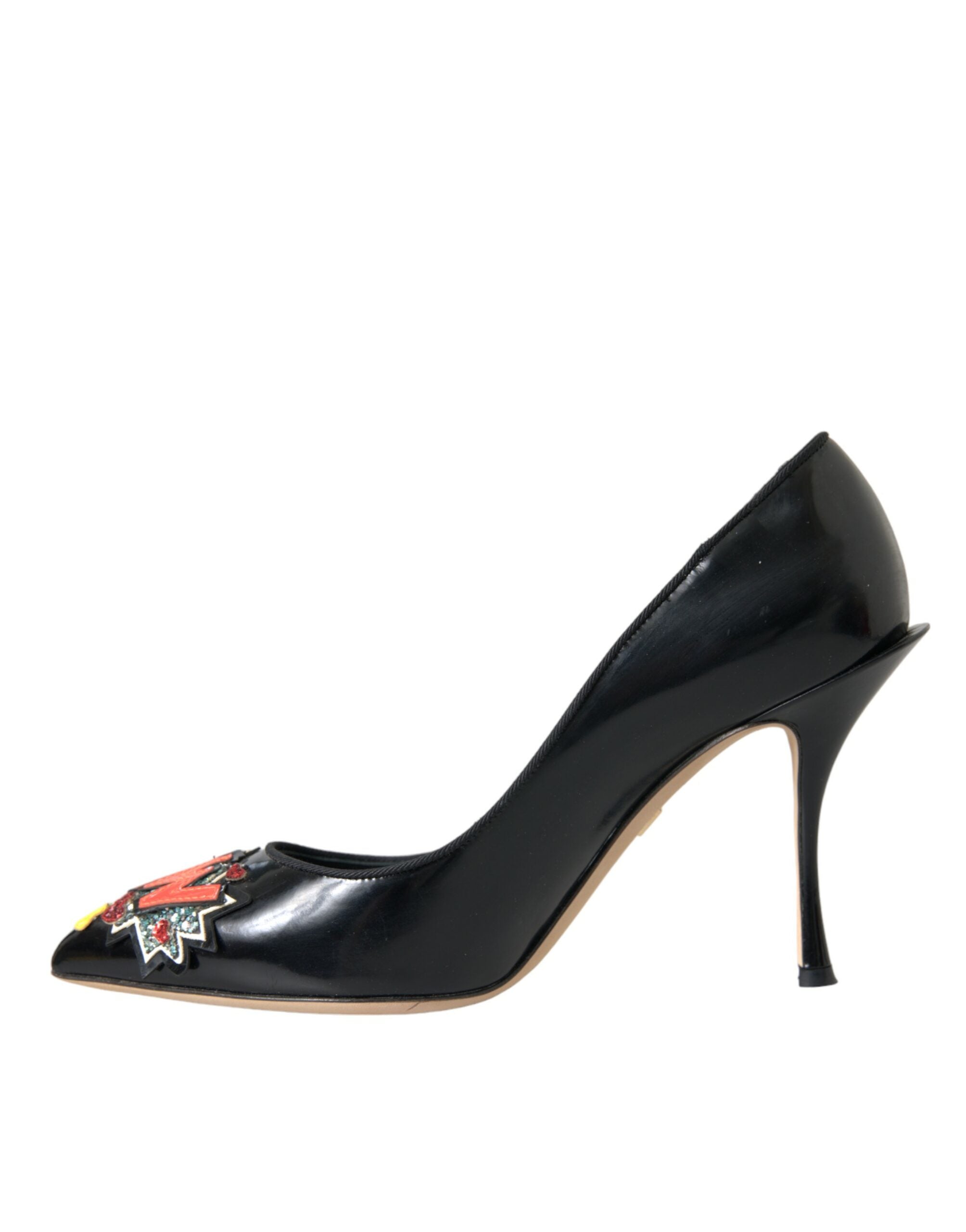 Dolce & Gabbana Black Leather Wow Patch Heels Pumps Shoes Glam Steals