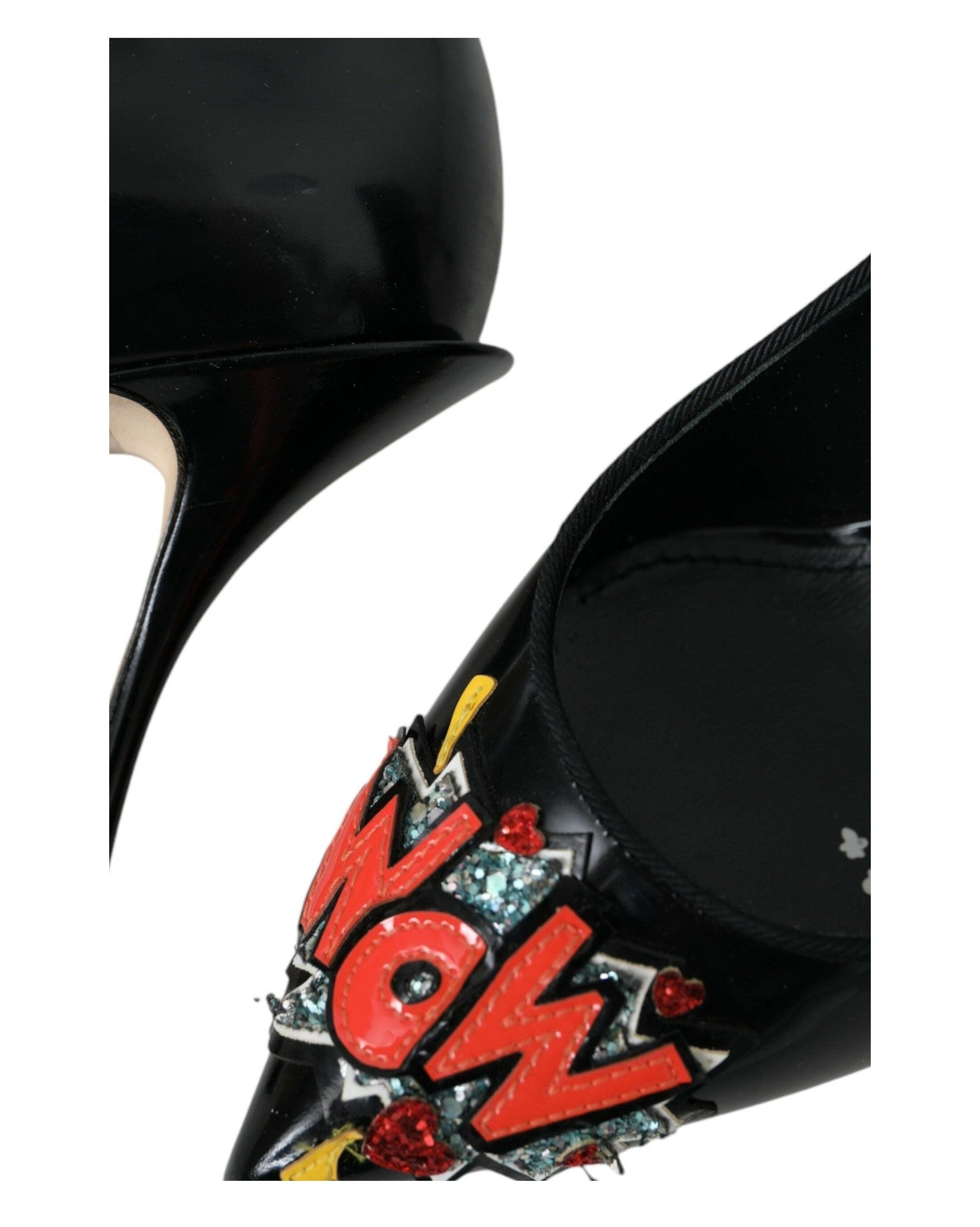 Dolce & Gabbana Black Leather Wow Patch Heels Pumps Shoes Glam Steals
