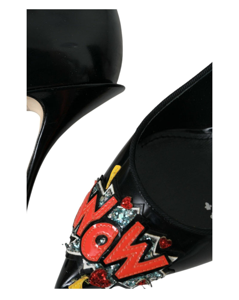 Dolce & Gabbana Black Leather Wow Patch Heels Pumps Shoes Glam Steals