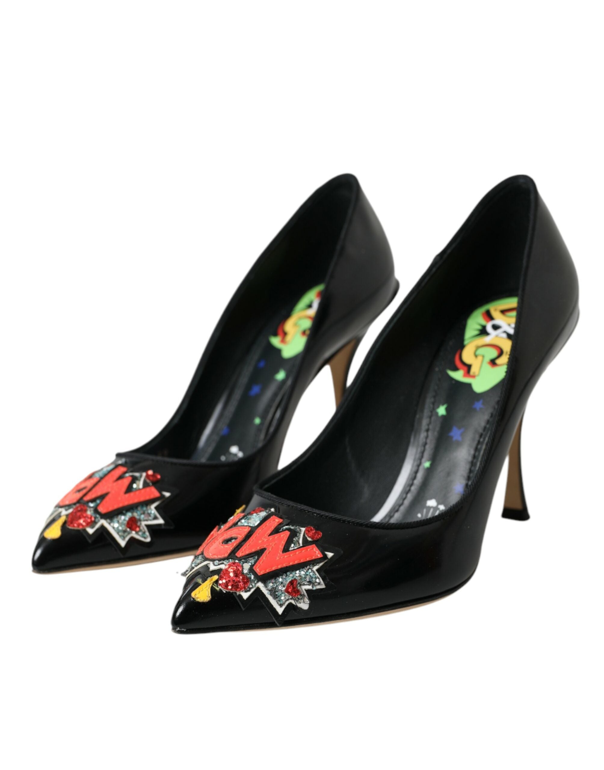 Dolce & Gabbana Black Leather Wow Patch Heels Pumps Shoes Glam Steals