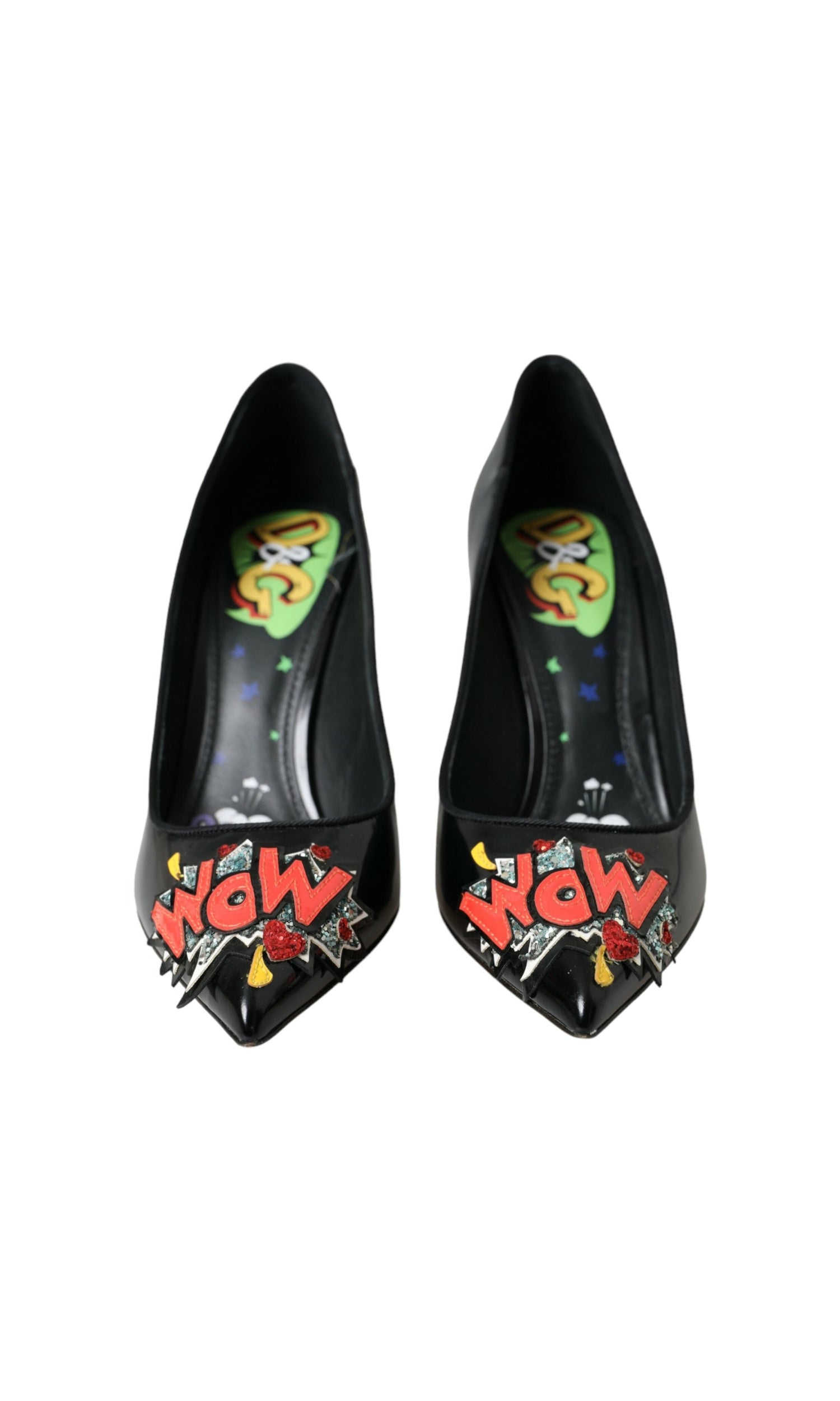 Dolce & Gabbana Black Leather Wow Patch Heels Pumps Shoes Glam Steals