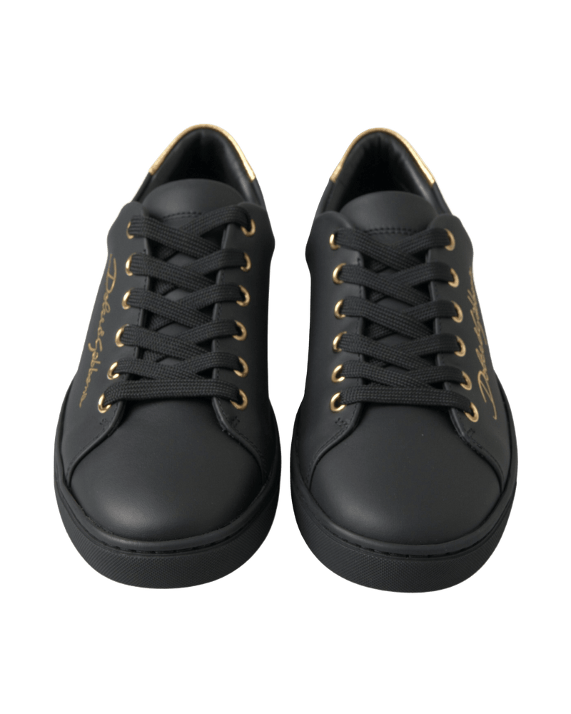 Dolce & Gabbana Black Leather and Gold Classic Sneakers Shoes Glam Steals