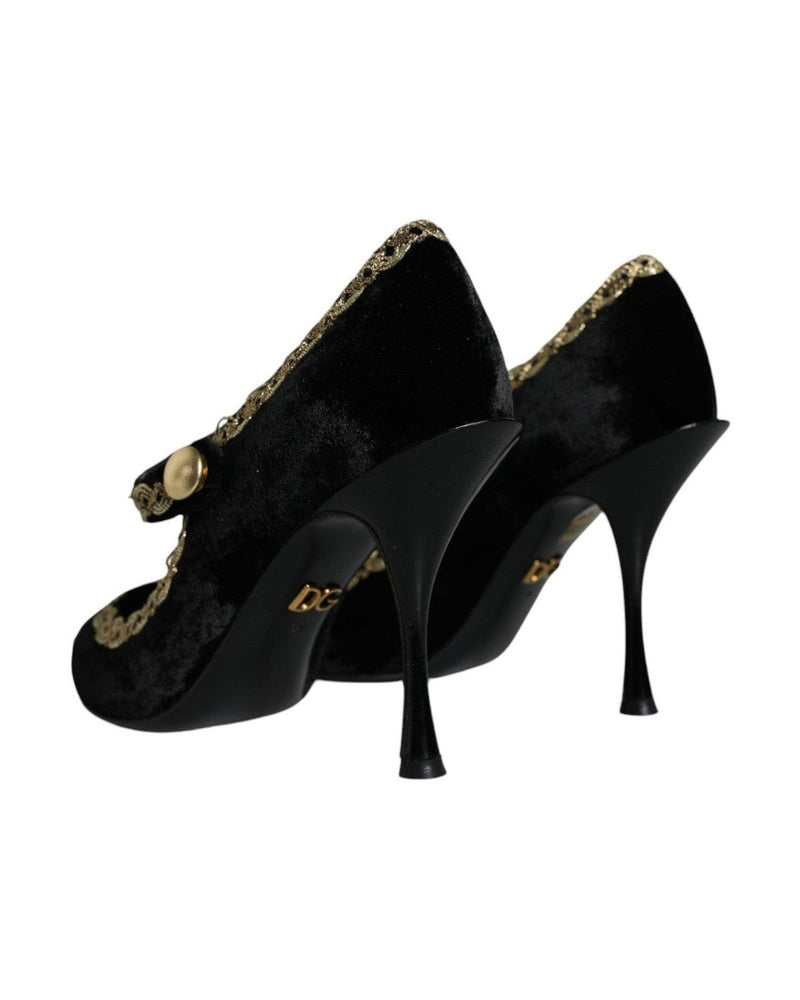 Dolce & Gabbana Black Mary Janes Velvet Gold Pumps Shoes Glam Steals