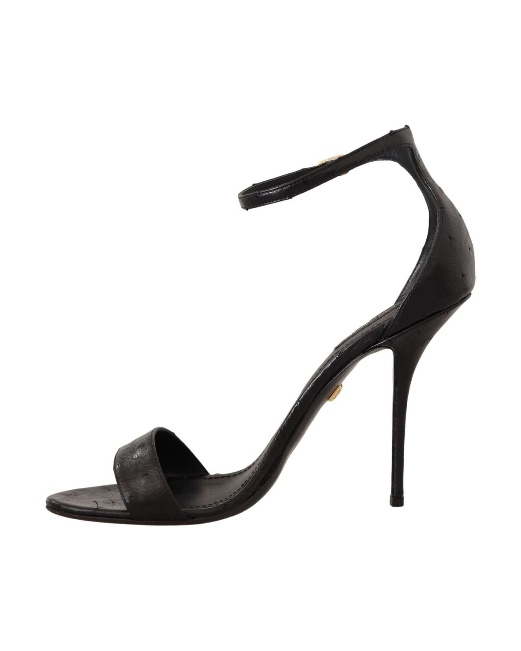 Dolce & Gabbana Black Ostrich Ankle Strap Heels Sandals Shoes Heels