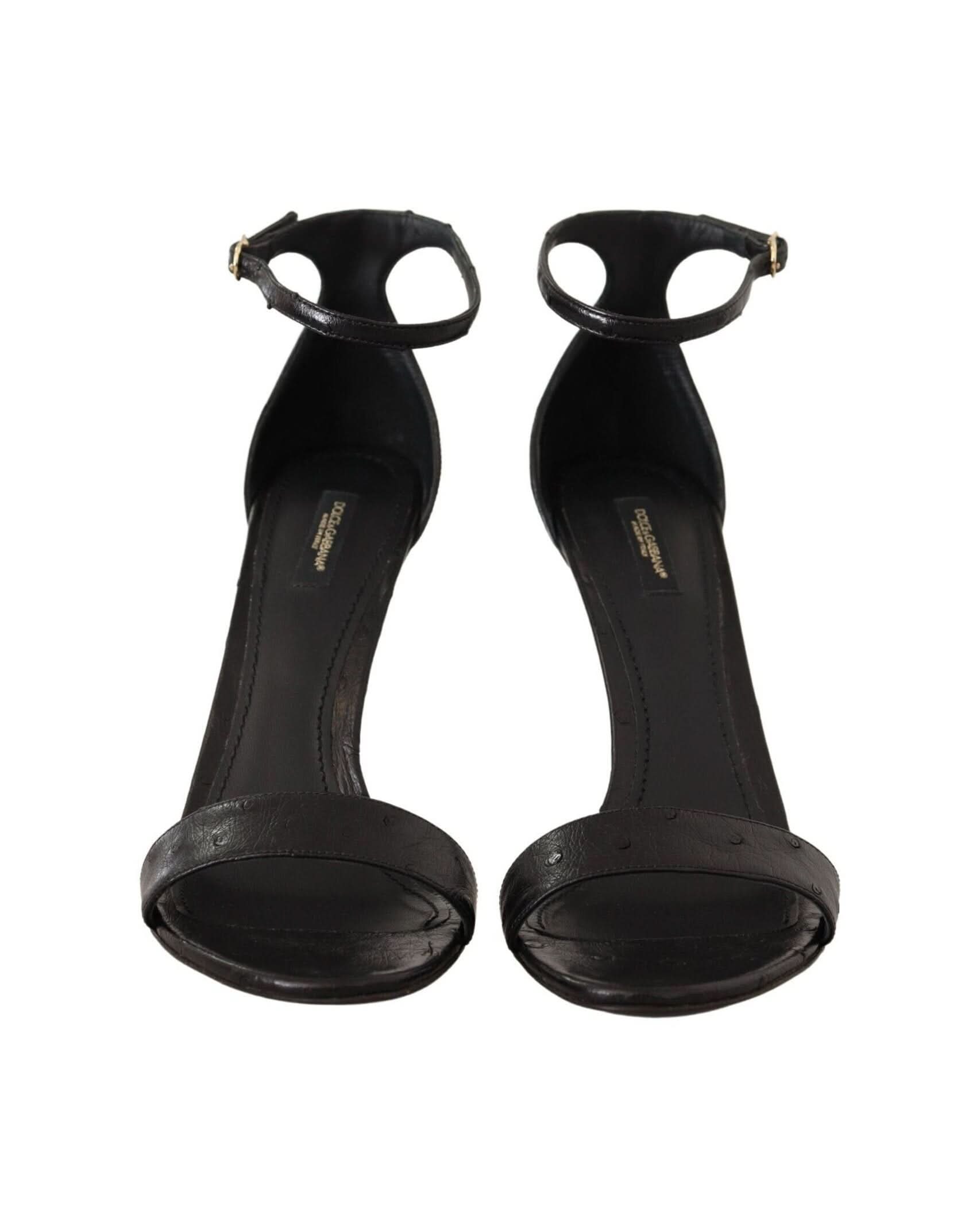 Dolce & Gabbana Black Ostrich Ankle Strap Heels Sandals Shoes Heels