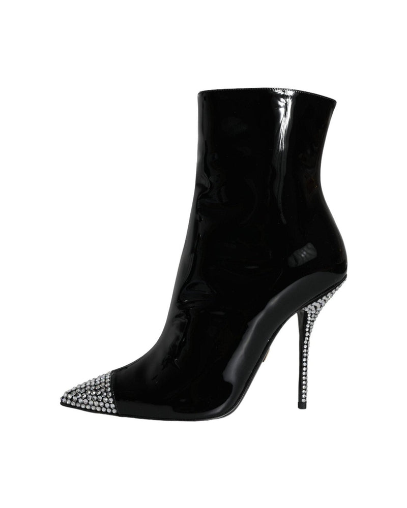 Dolce & Gabbana Black Patent Leather Crystal Heel Boots Shoes Glam Steals