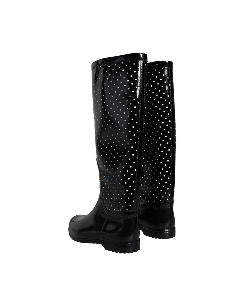 Dolce & Gabbana Black Polka Dot Rubber Knee High Boots Shoes Boots