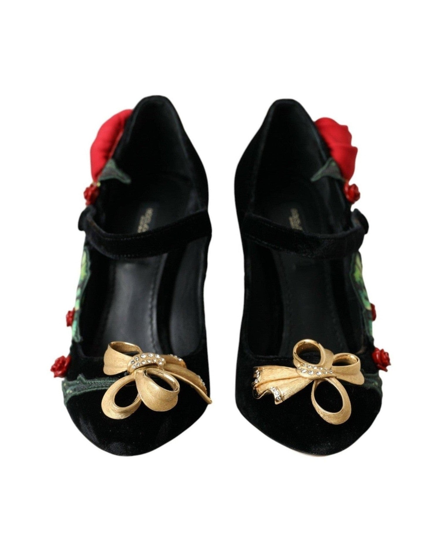 Dolce & Gabbana Black Roses Crystal Brooch Mary Jane Shoes Heels