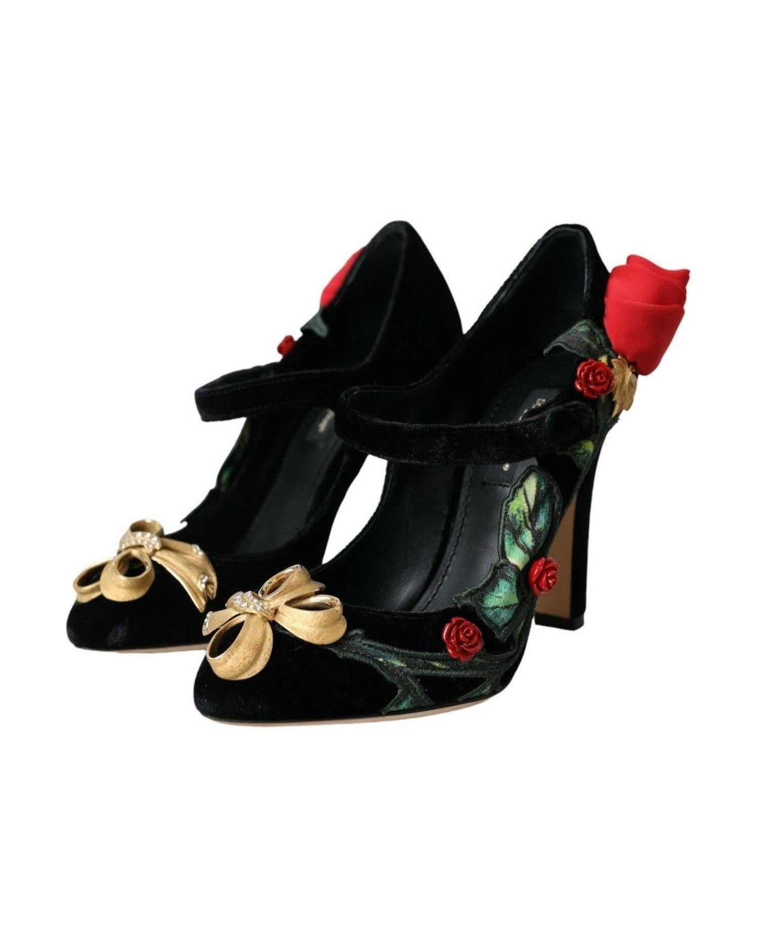 Dolce & Gabbana Black Roses Crystal Brooch Mary Jane Shoes Heels
