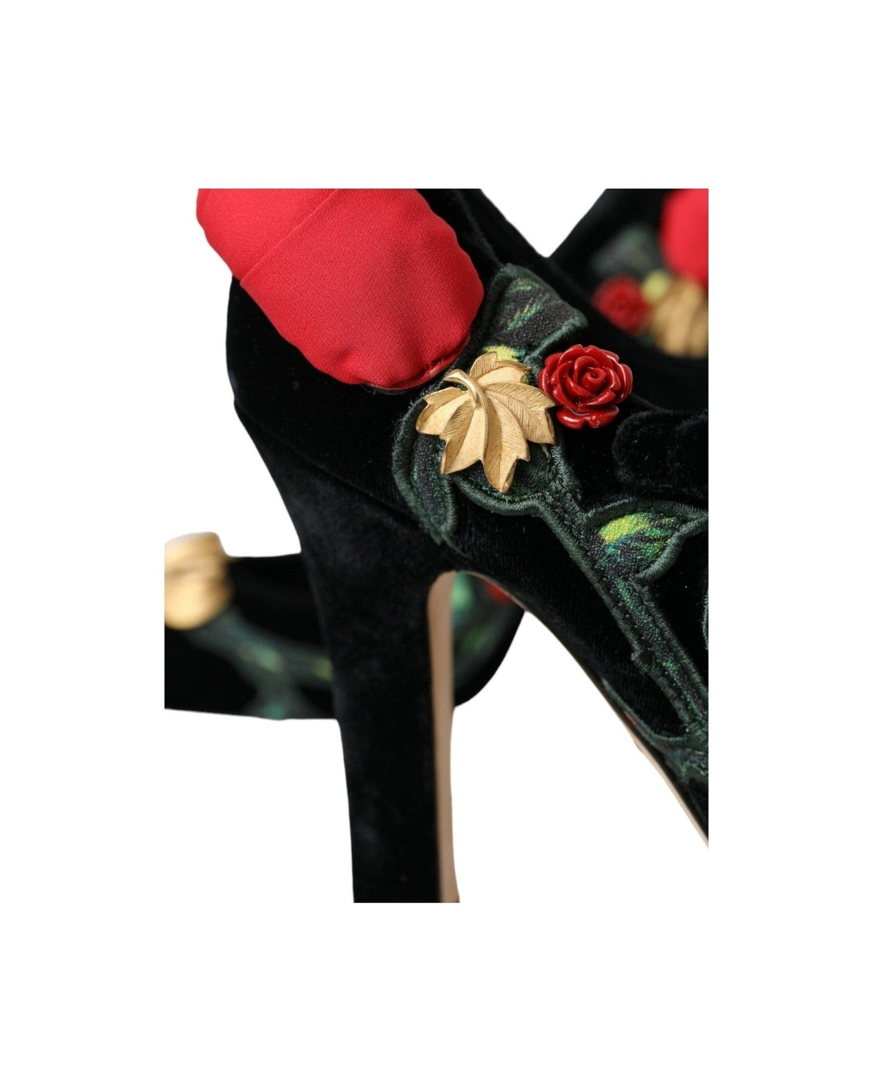 Dolce & Gabbana Black Roses Crystal Brooch Mary Jane Shoes Heels