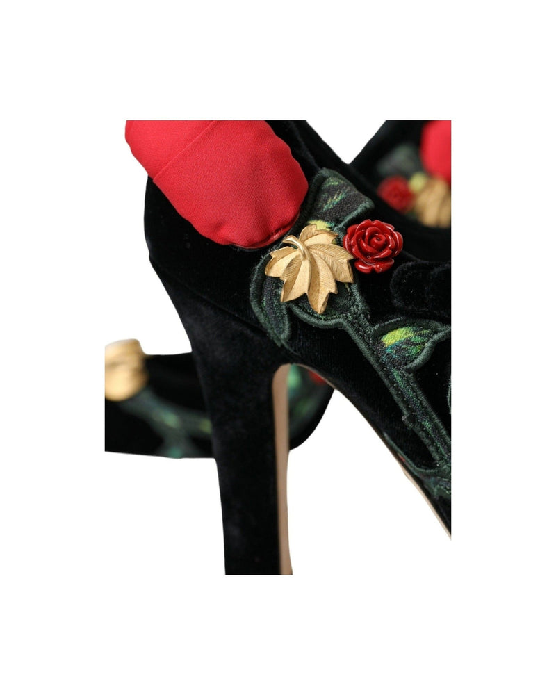 Dolce & Gabbana Black Roses Crystal Brooch Mary Jane Shoes Heels
