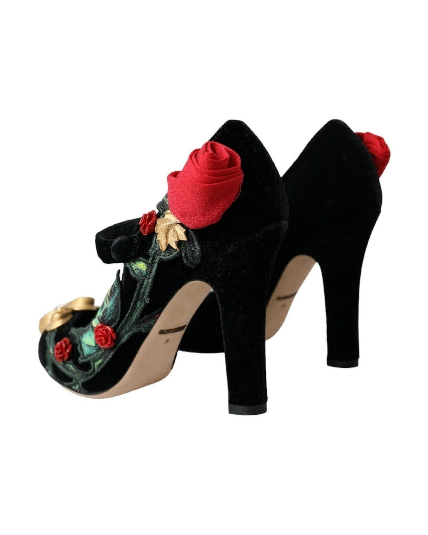 Dolce & Gabbana Black Roses Crystal Brooch Mary Jane Shoes Heels
