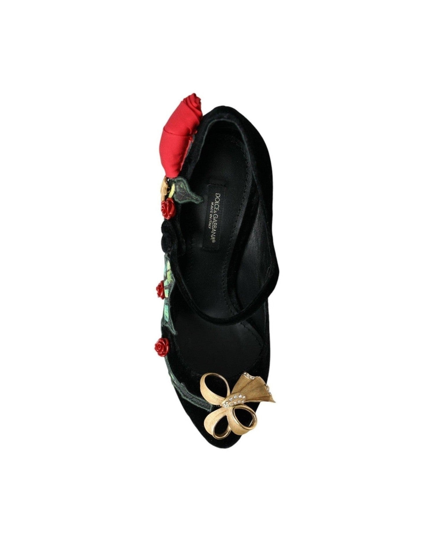 Dolce & Gabbana Black Roses Crystal Brooch Mary Jane Shoes Heels