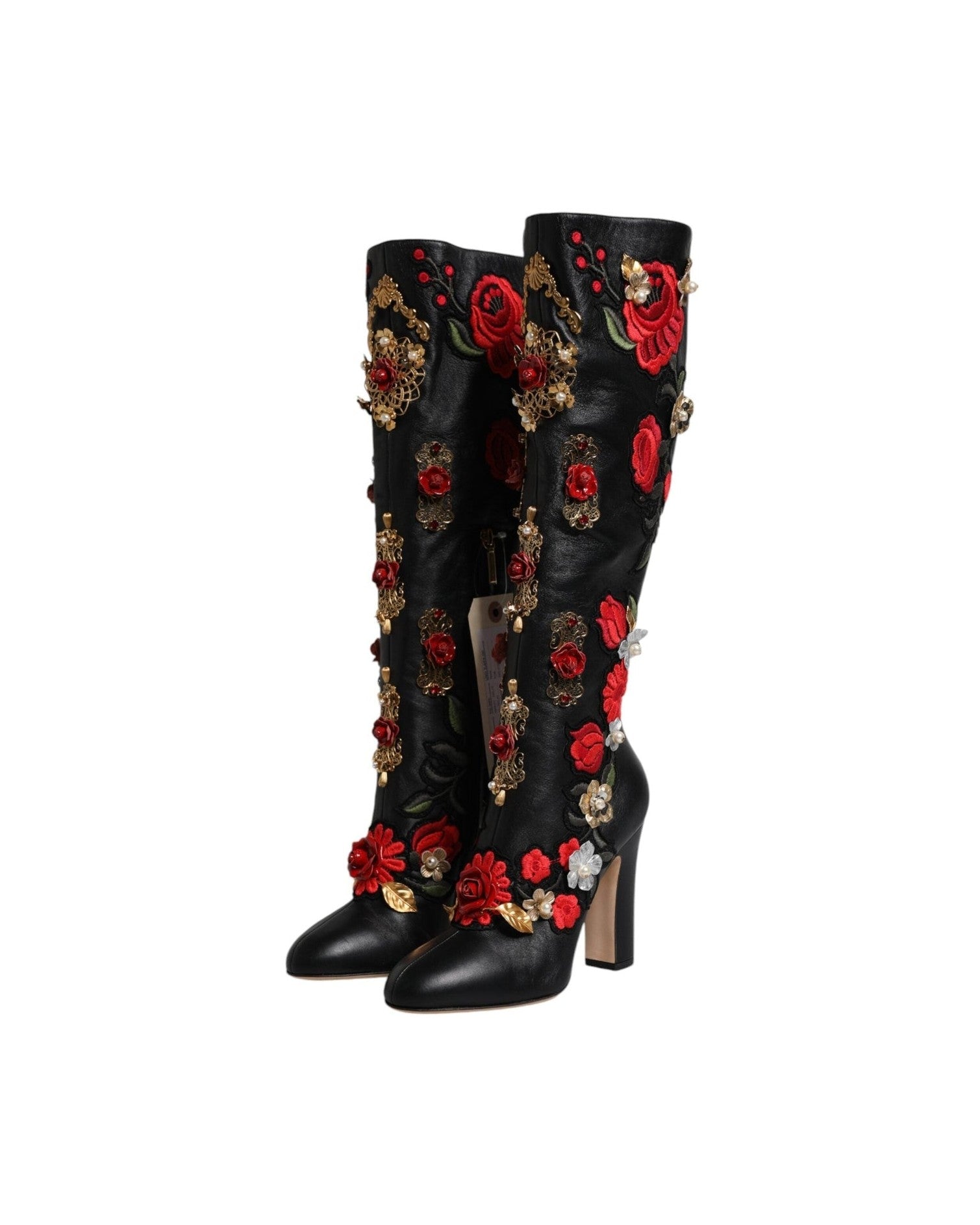 Dolce & Gabbana Black Roses Embellished Leather Heel Boots Shoes Boots