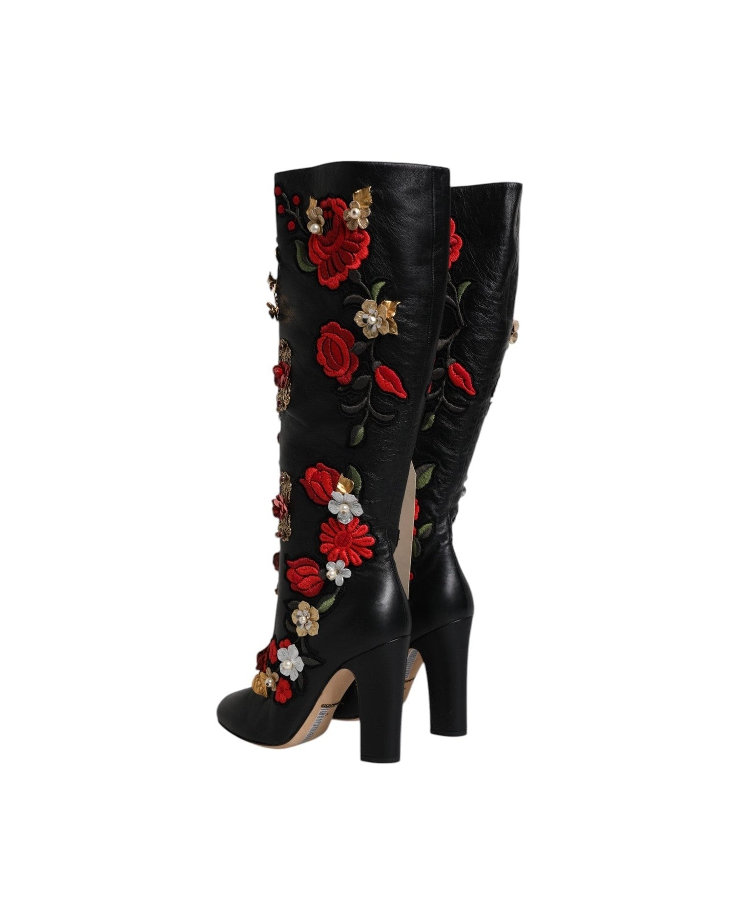 Dolce & Gabbana Black Roses Embellished Leather Heel Boots Shoes Boots