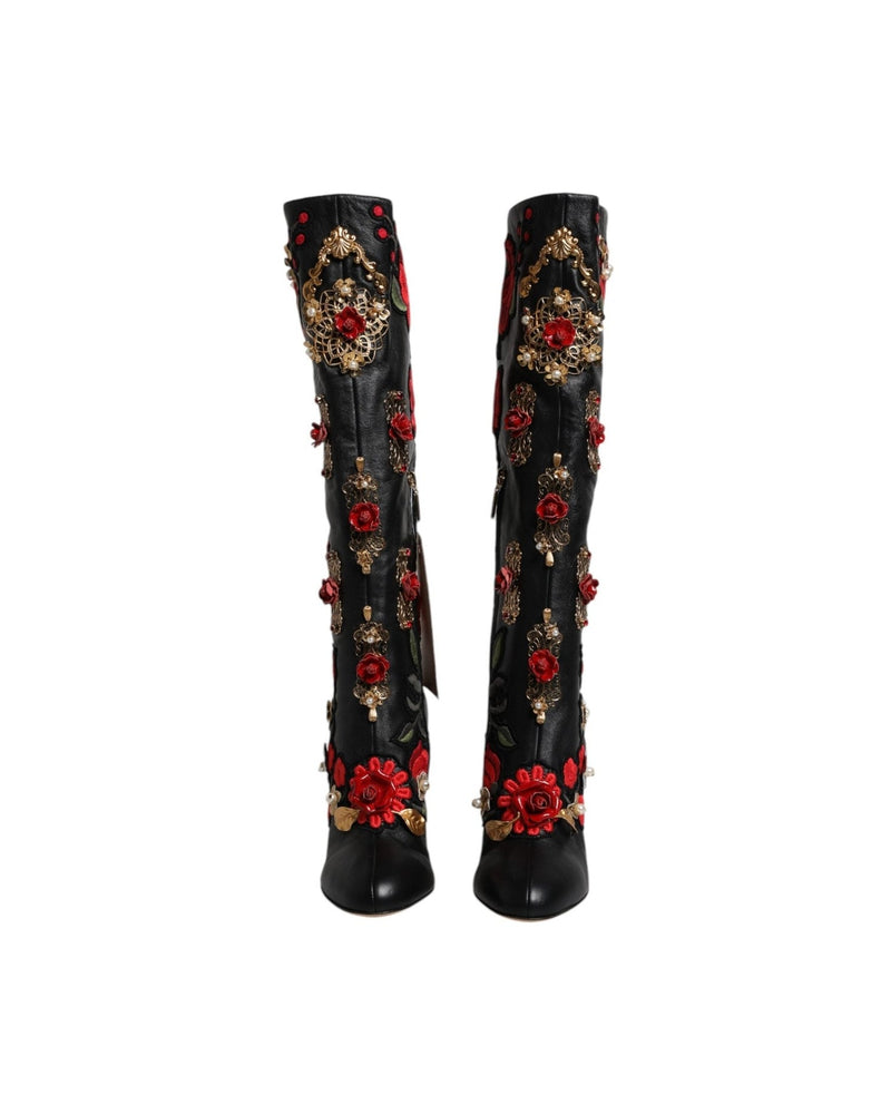 Dolce & Gabbana Black Roses Embellished Leather Heel Boots Shoes Boots