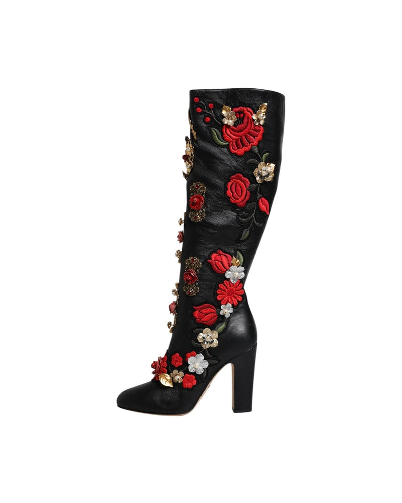 Dolce & Gabbana Black Roses Embellished Leather Heel Boots Shoes Boots