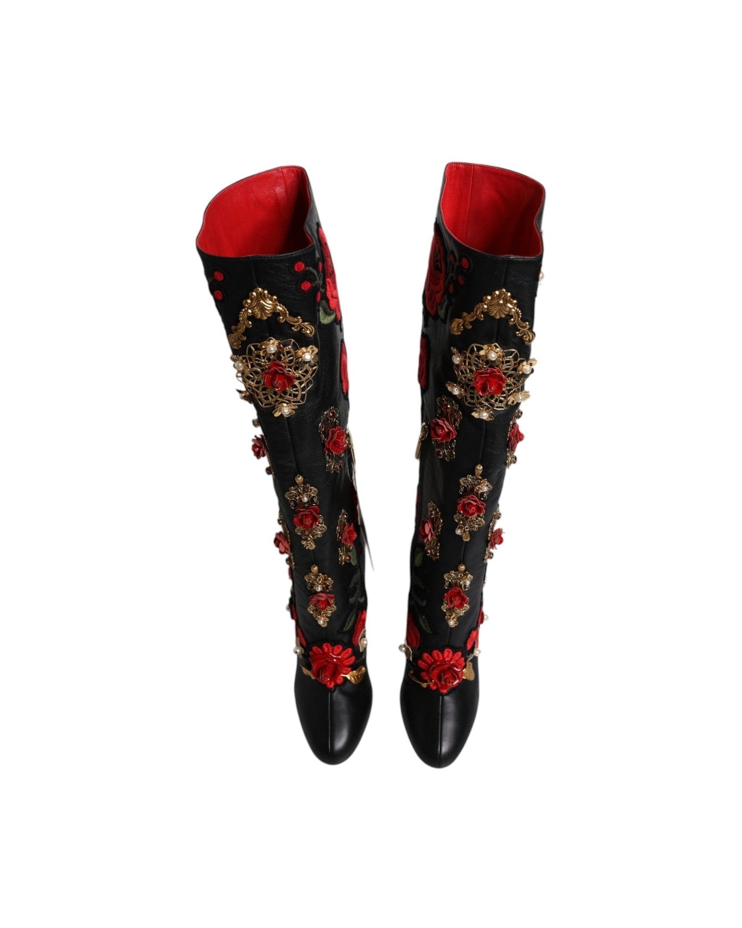 Dolce & Gabbana Black Roses Embellished Leather Heel Boots Shoes Boots