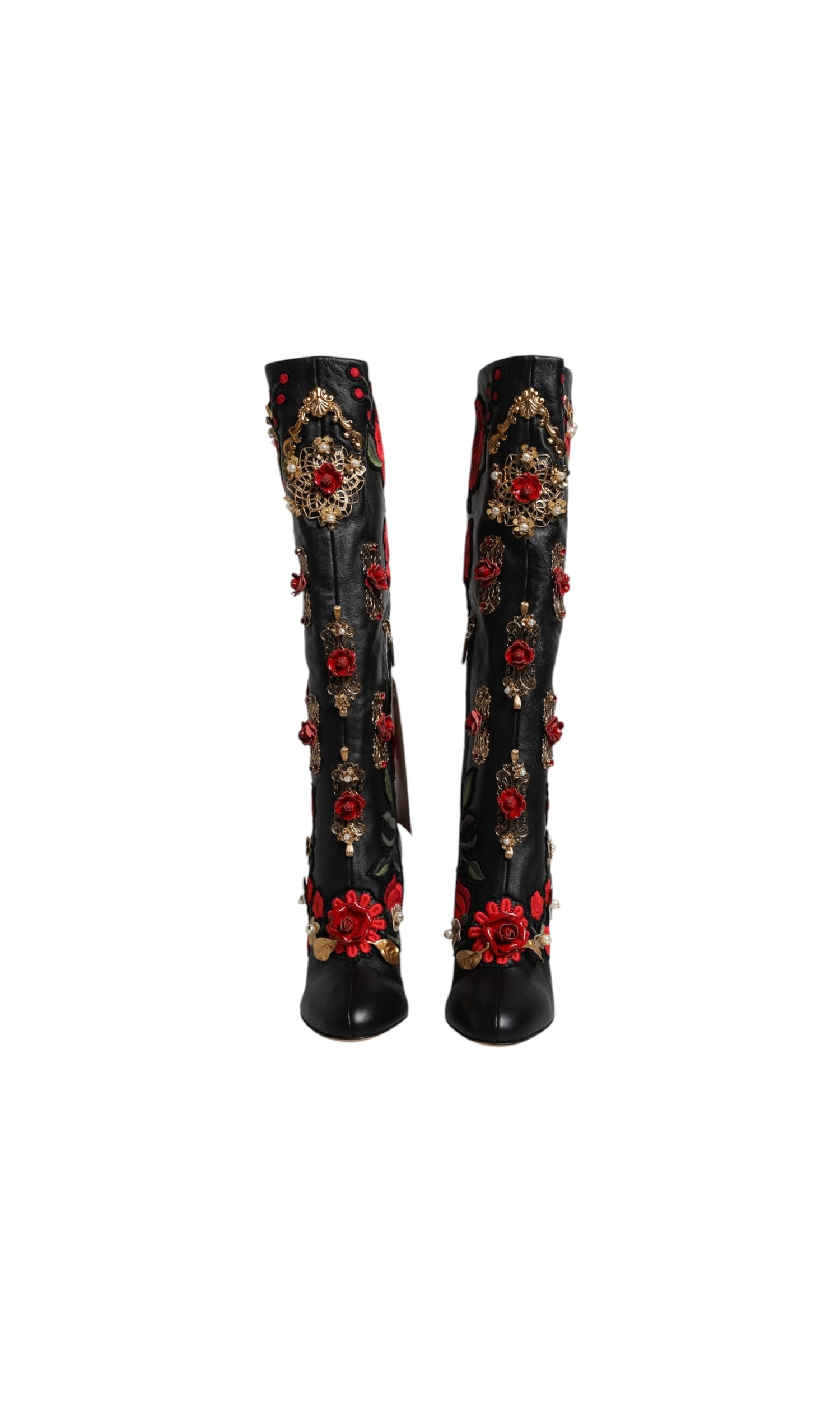 Dolce & Gabbana Black Roses Embellished Leather Heel Boots Shoes Glam Steals