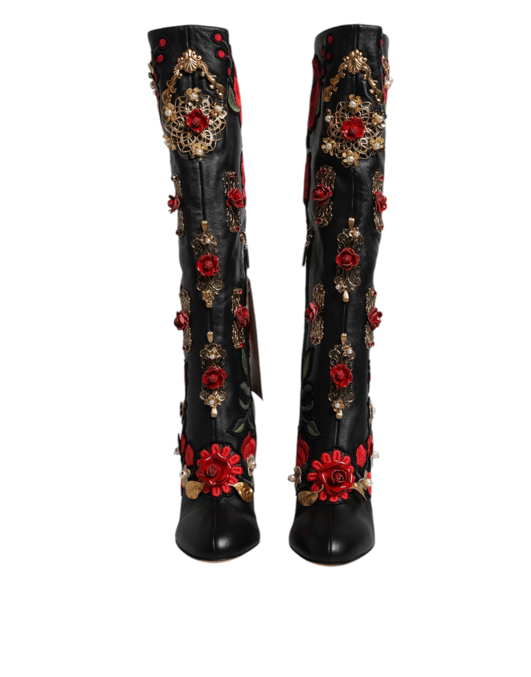 Dolce & Gabbana Black Roses Embellished Leather Heel Boots Shoes Glam Steals