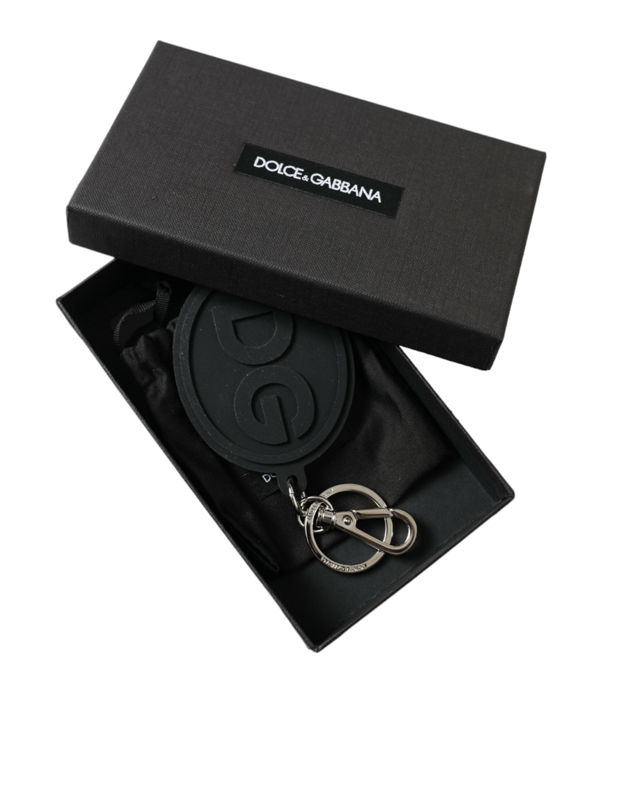Dolce & Gabbana Black Rubber Dg Logo Silver Brass Metal Keyring Keychain Glam Steals