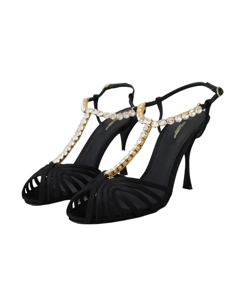 Dolce & Gabbana Black Satin Clear Crystal T Strap Sandals Glam Steals