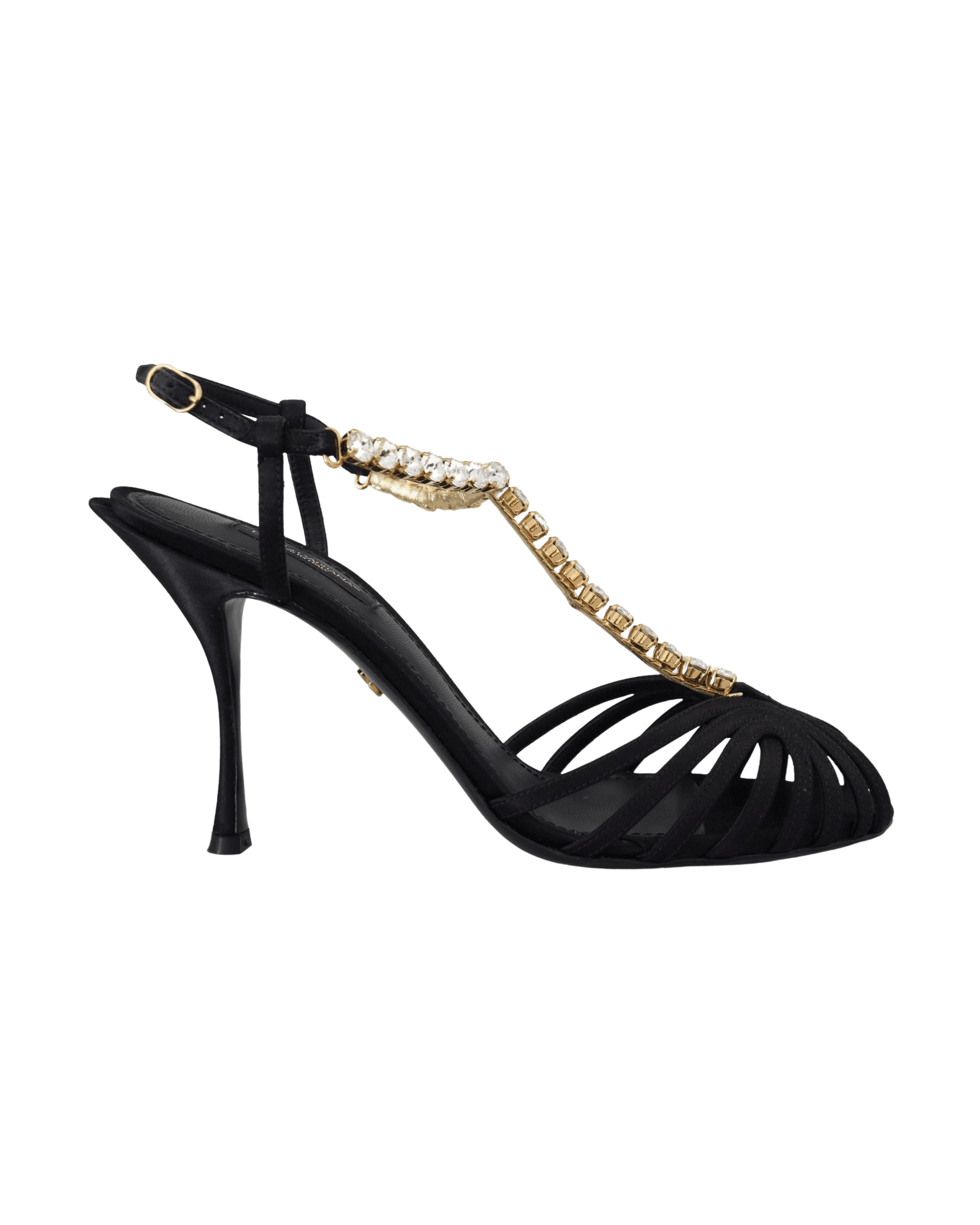Dolce & Gabbana Black Satin Clear Crystal T Strap Sandals Heels