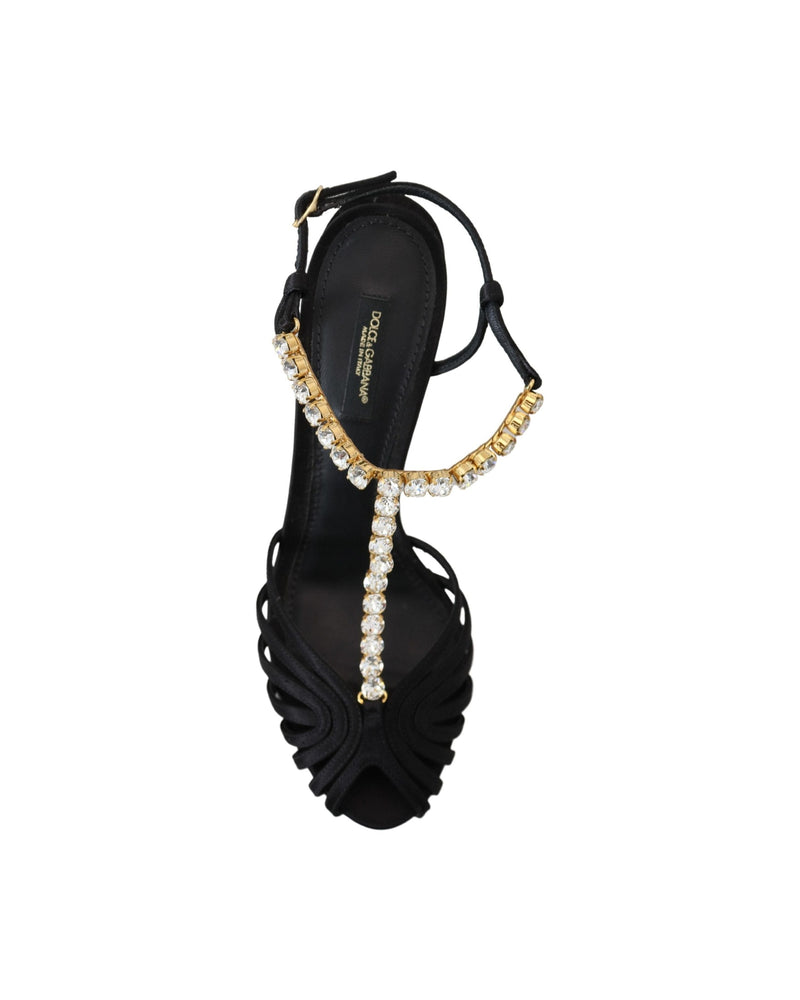Dolce & Gabbana Black Satin Clear Crystal T Strap Sandals Glam Steals