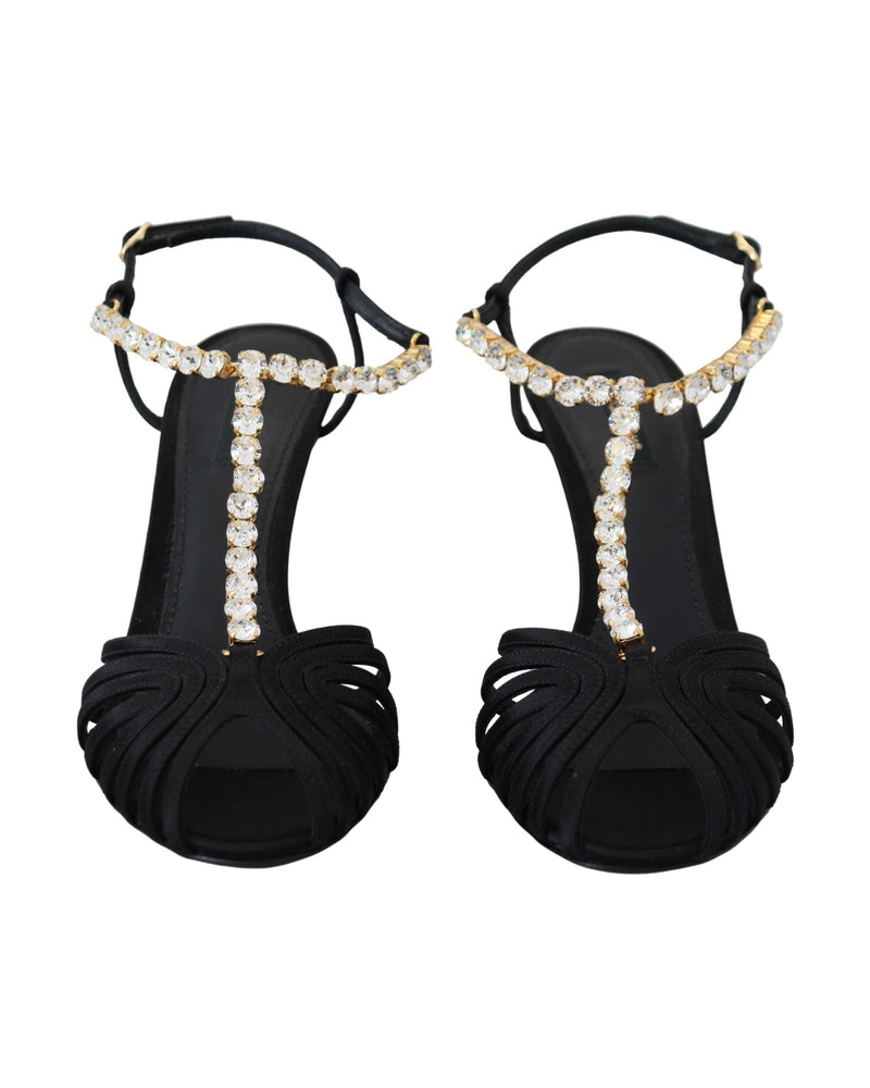 Dolce & Gabbana Black Satin Clear Crystal T Strap Sandals Glam Steals
