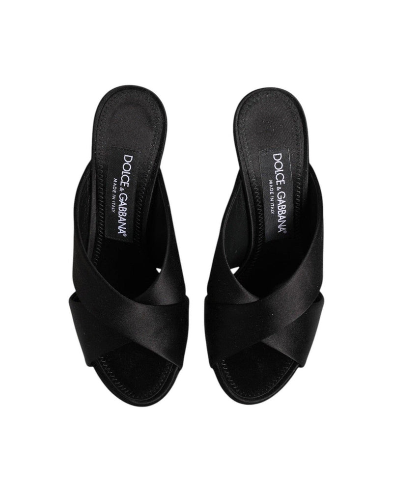 Dolce & Gabbana Black Satin Logo Keira Slides Sandals Shoes Heels
