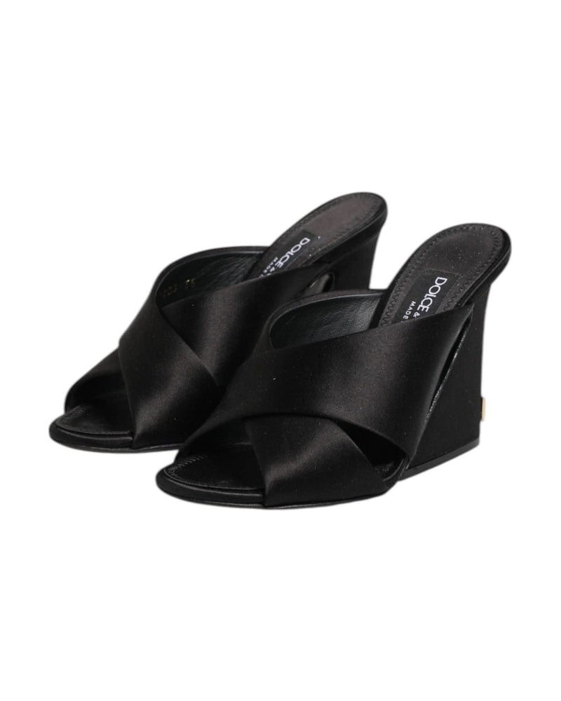 Dolce & Gabbana Black Satin Logo Keira Slides Sandals Shoes Heels